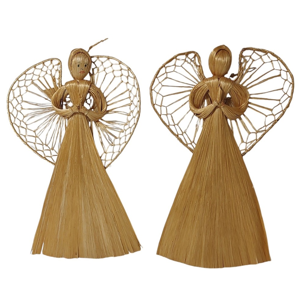 Vintage Christmas Angel Ornaments‎ Raffia Handmade Nine Inches Set of Two